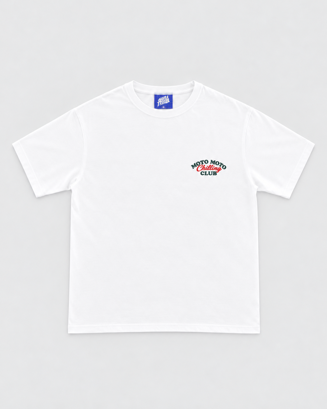 Moto Moto Chilling Club White T-Shirt with Red and Green Ink