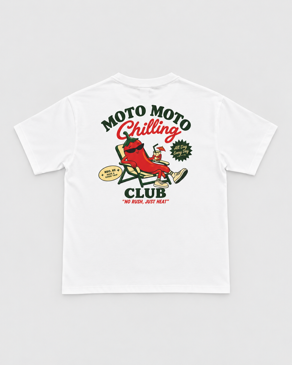 Moto Moto Chilling Club White T-Shirt with Red and Green Ink
