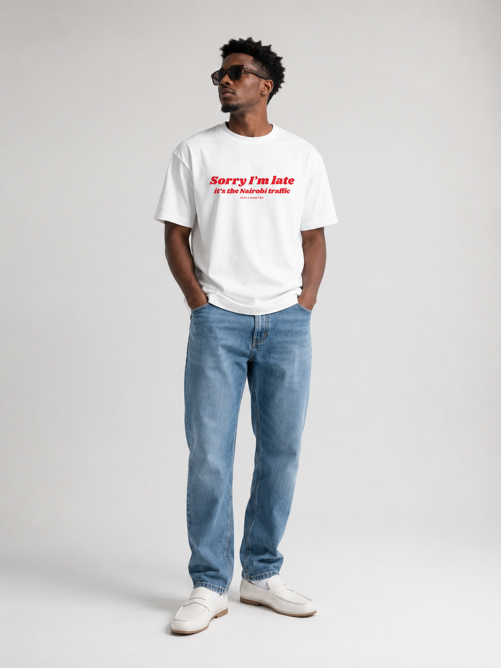 Sorry I'm Late Nairobi Traffic White T-Shirt with Red Ink